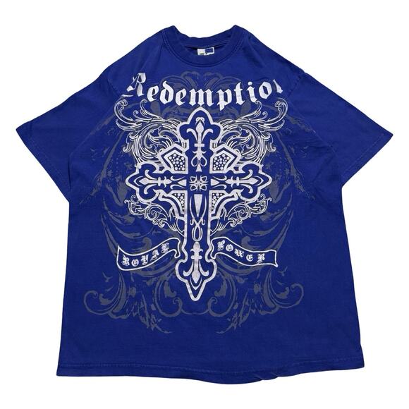Y2K Redemption Graphic T Shirt Tribal Affliction Mens XL Blue - Picture 1 of 7
